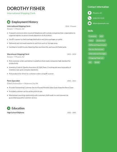 International Shipping Clerk Resume
