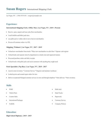 International Shipping Clerk Resume