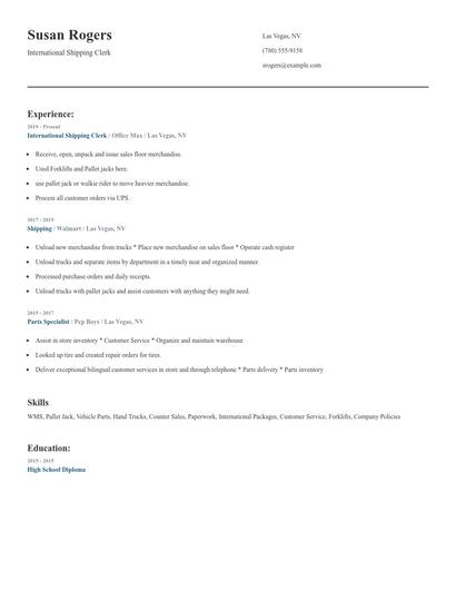 International Shipping Clerk Resume
