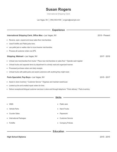 International Shipping Clerk Resume