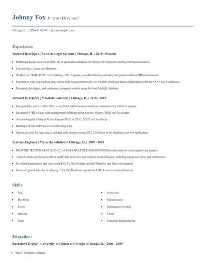 Internet Developer Resume