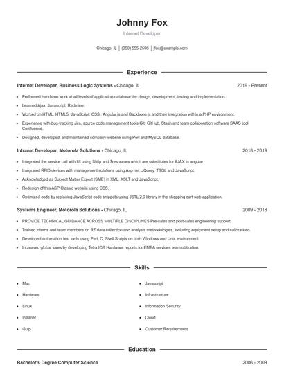 Internet Developer Resume