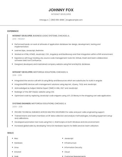 Internet Developer Resume