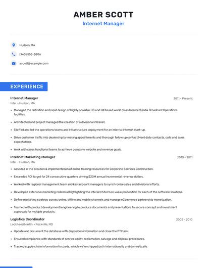 Internet Manager Resume