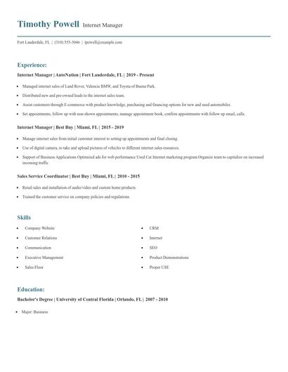 Internet Manager Resume
