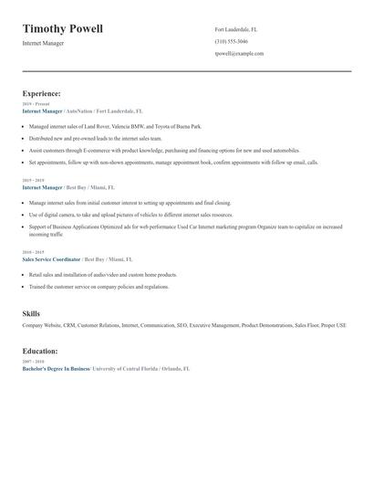 Internet Manager Resume
