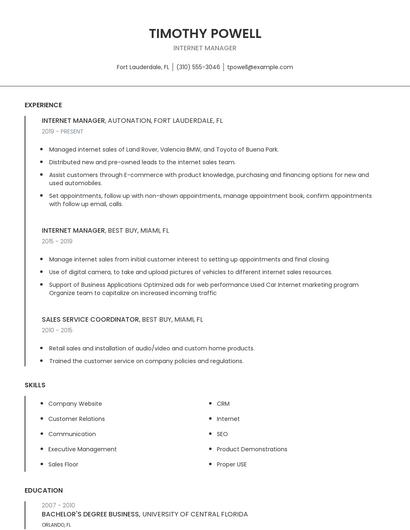 Internet Manager Resume