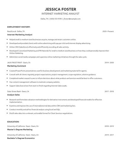 Internet Marketing Analyst Resume