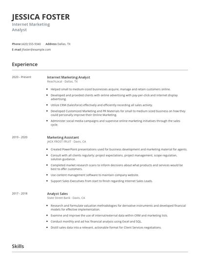 Internet Marketing Analyst Resume