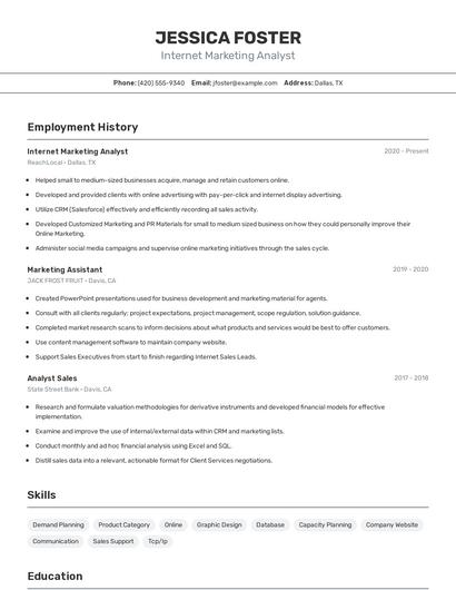 Internet Marketing Analyst Resume