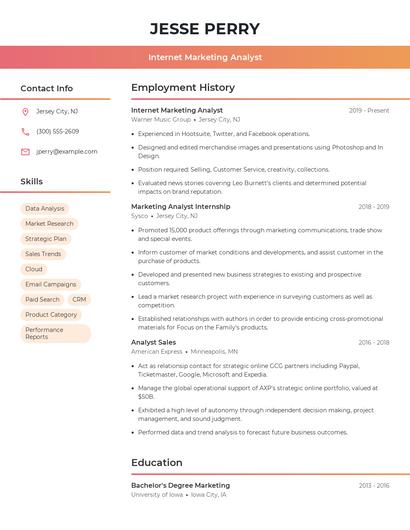 Internet Marketing Analyst Resume