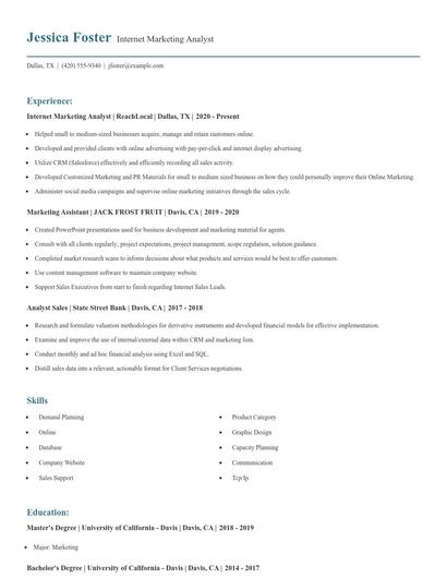 Internet Marketing Analyst Resume
