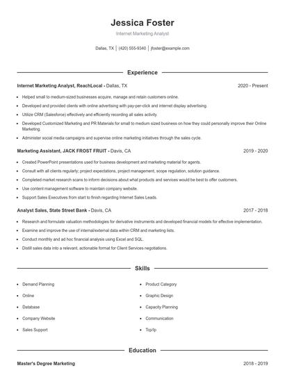 Internet Marketing Analyst Resume