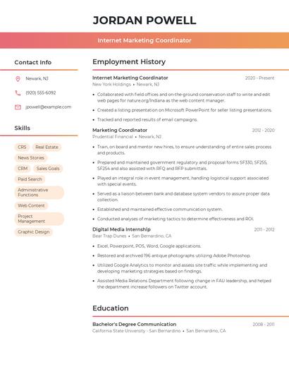 Internet Marketing Coordinator Resume