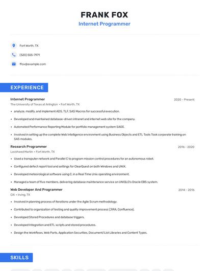Internet Programmer Resume