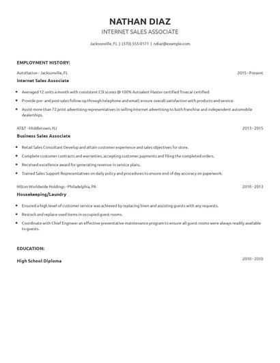 Internet Sales Associate Resume