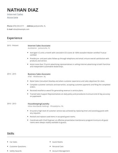 Internet Sales Associate Resume