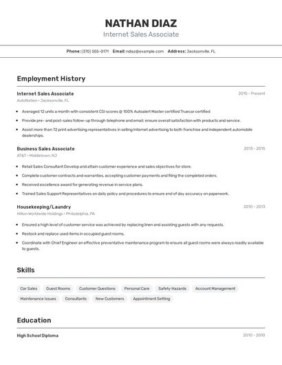 Internet Sales Associate Resume