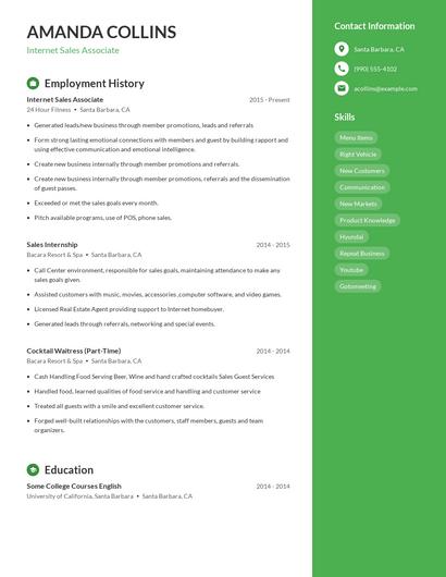 Internet Sales Associate Resume