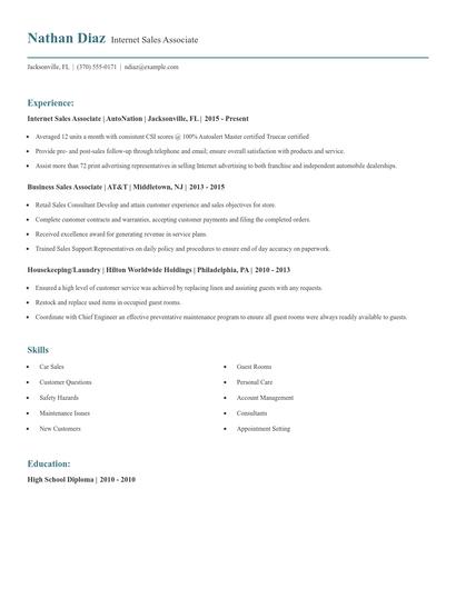 Internet Sales Associate Resume