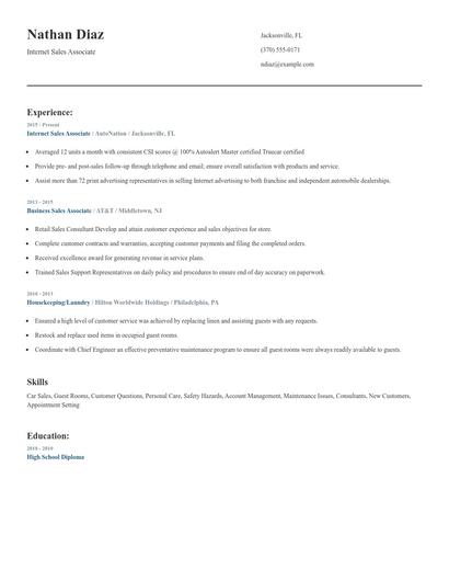 Internet Sales Associate Resume