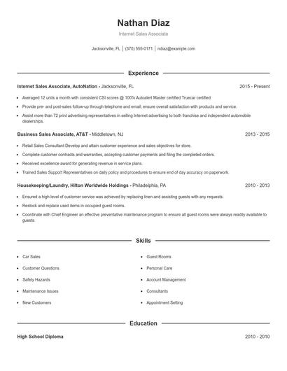 Internet Sales Associate Resume