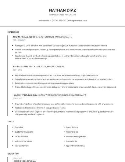 Internet Sales Associate Resume