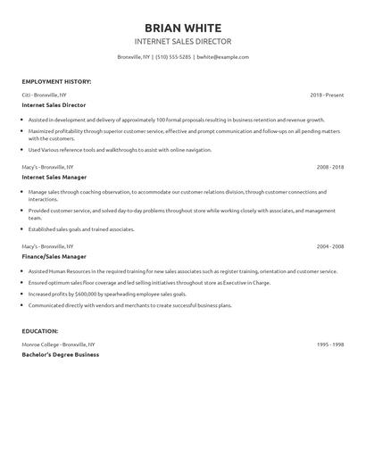 Internet Sales Director Resume