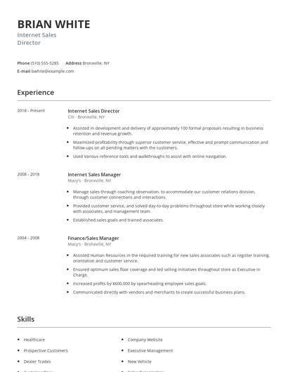 Internet Sales Director Resume