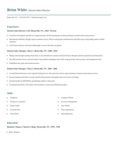 Internet Sales Director Resume