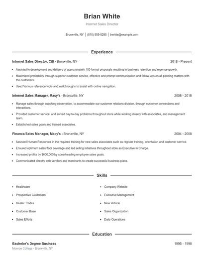 Internet Sales Director Resume