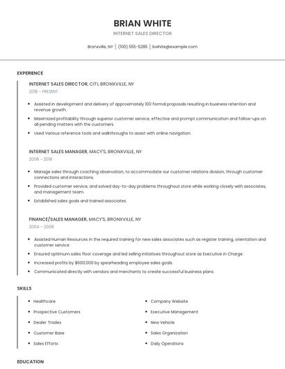 Internet Sales Director Resume