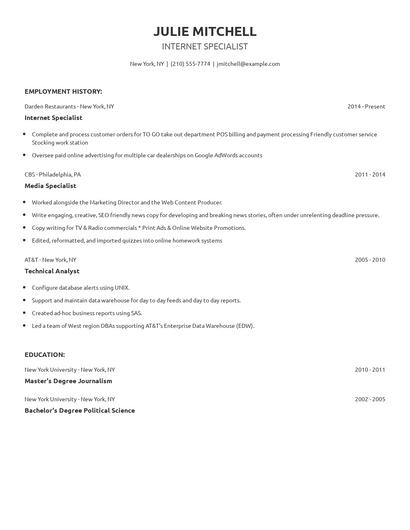 Internet Specialist Resume