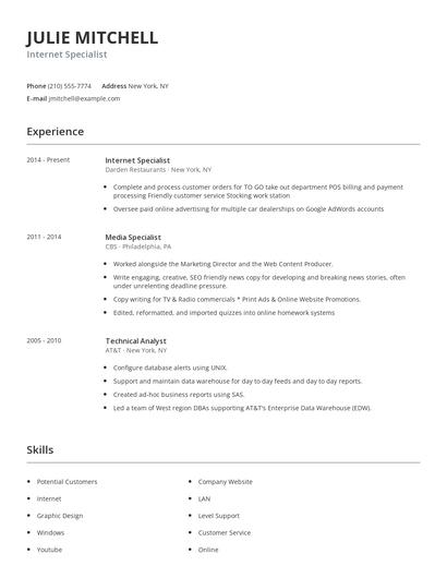 Internet Specialist Resume