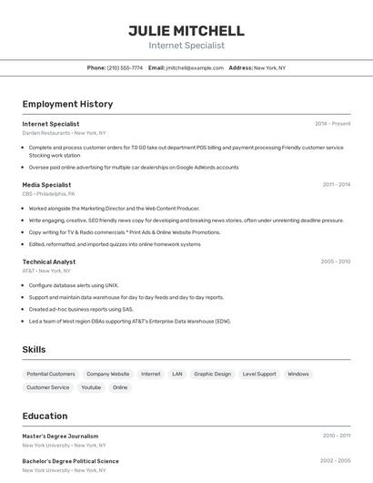 Internet Specialist Resume