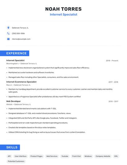 Internet Specialist Resume
