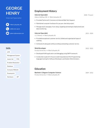 Internet Specialist Resume