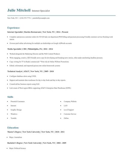 Internet Specialist Resume