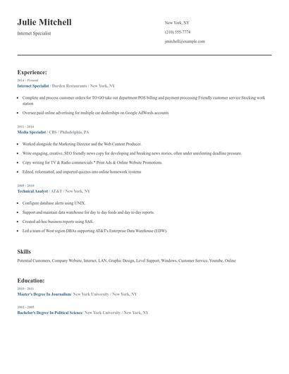 Internet Specialist Resume