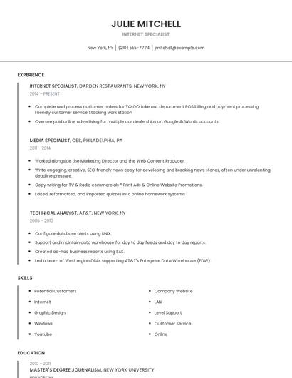 Internet Specialist Resume