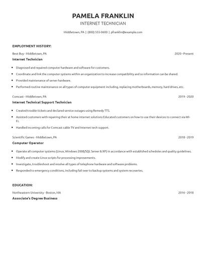 Internet Technician Resume