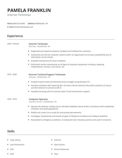 Internet Technician Resume
