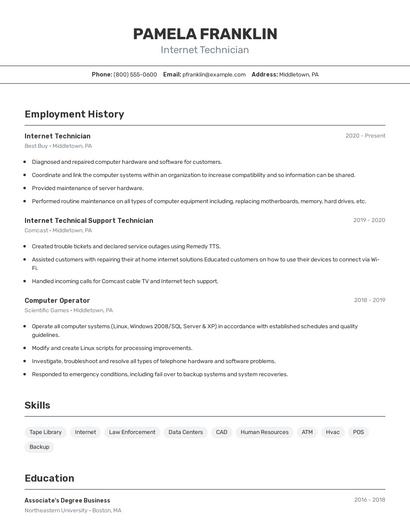 Internet Technician Resume
