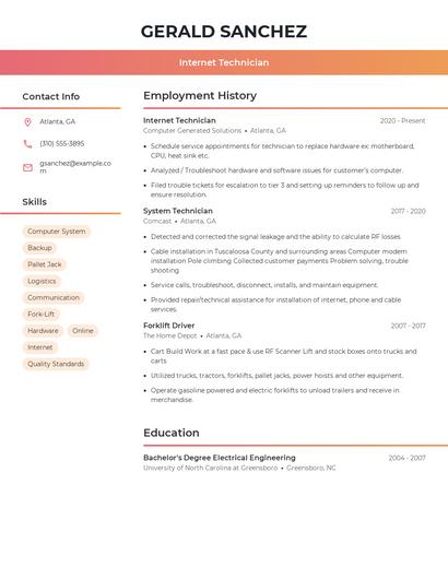 Internet Technician Resume