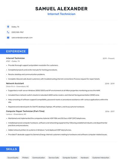 Internet Technician Resume