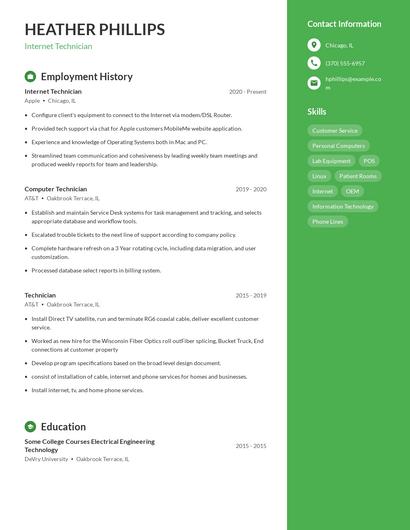 Internet Technician Resume