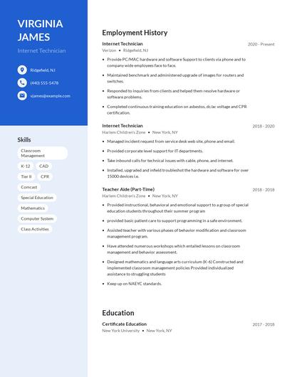 Internet Technician Resume