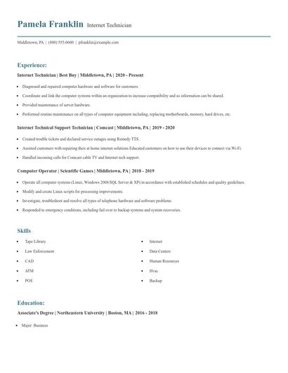 Internet Technician Resume