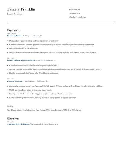 Internet Technician Resume