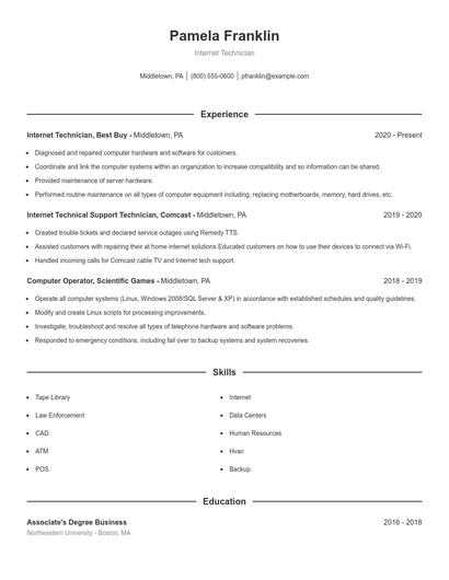 Internet Technician Resume